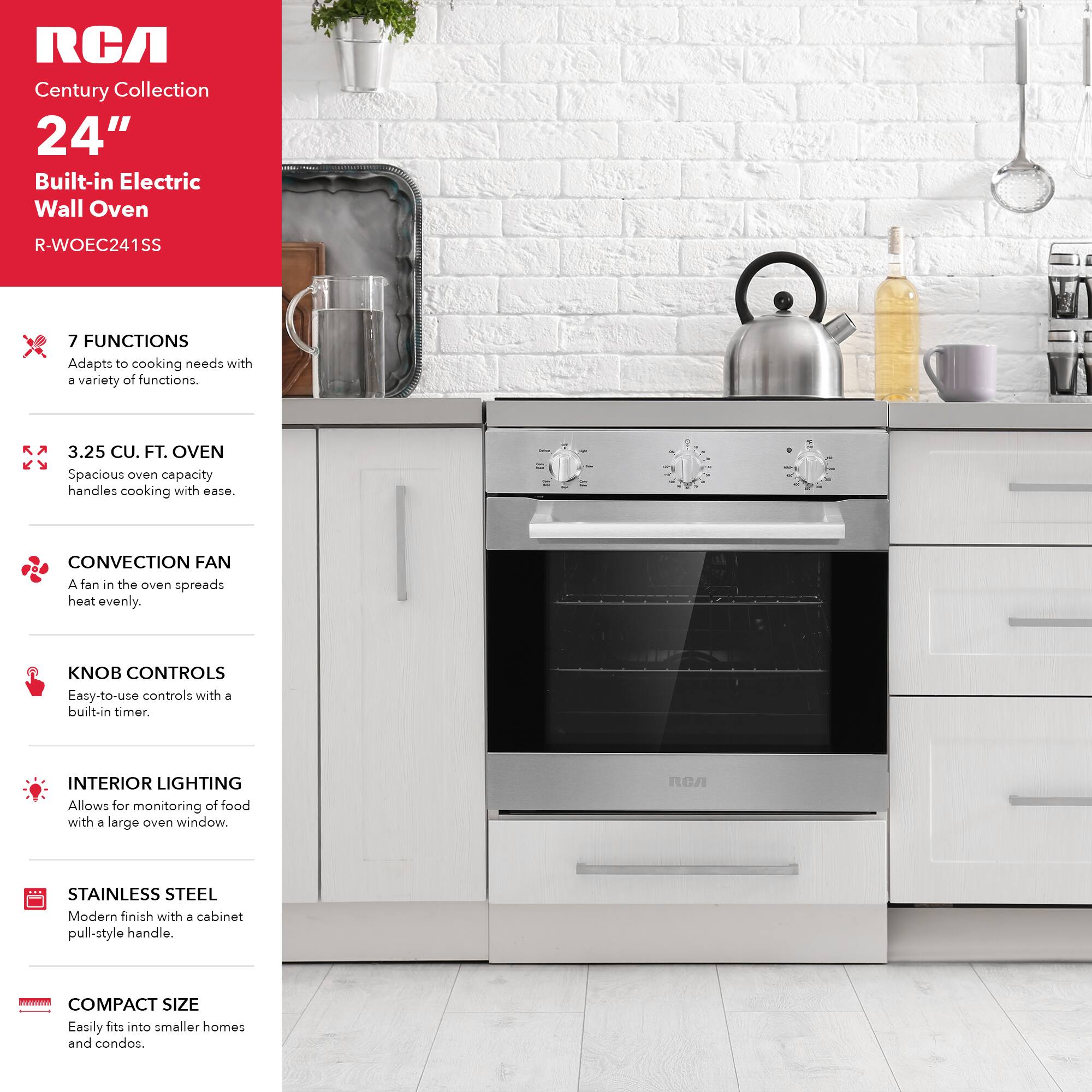 RCA Century Collection 24" Built-in Electric Wall Oven R-WOEC241SS

- 7 FUNCTIONS: Adapts to cooking needs with a variety of functions.
- 3.25 CU. FT. OVEN: Spacious oven capacity handles cooking with ease.
- CONVECTION FAN: A fan in the oven spreads heat evenly.
- KNOB CONTROLS: Easy-to-use controls with a built-in timer.
- INTERIOR LIGHTING: Allows for monitoring of food with a large oven window.
- STAINLESS STEEL: Modern finish with a cabinet pull-style handle.
- COMPACT SIZE: Easily fits into smaller homes and condos.