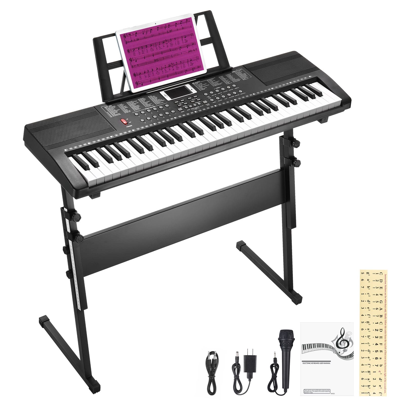 Unique Bargains - 61 Key Keyboard Piano with Stand for Beginners Electronic Keyboard Piano Kit with 200 Tone 200 Rhythm 60 Demo Microphone - Black