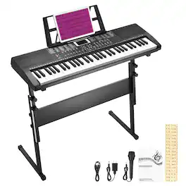Unique Bargains - 61 Key Keyboard Piano with Stand for Beginners Electronic Keyboard Piano Kit with 200 Tone 200 Rhythm 60 Demo Microphone - Black