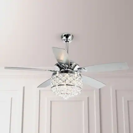 Front. Parrot Uncle - 52" Modern Silver 5-Blade Crystal Ceiling Fan with Remote Control - Chrome.