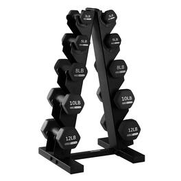 HolaHatha - Neoprene Coated Dumbbell Free Hand Weight Set with Storage Rack - Black
