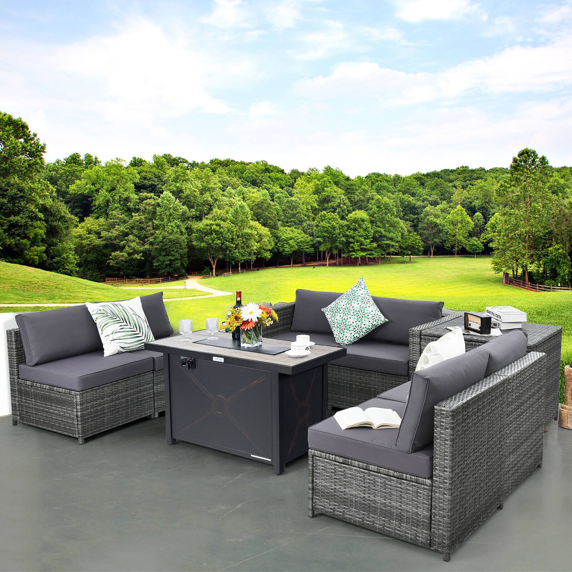 Alt View 3. Gymax - Gymax 9 PCS Patio Rattan Furniture Set Fire Pit Table Storage Grey W/ Cover Grey - Grey.