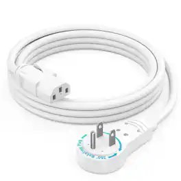 Maximm - Monitor Computer Power Cord 2 Ft Flat Plug 360° Rotating PC Cable 3 Prong, 16 AWG NEMA 5-15P to IEC13 - UL Certified - White