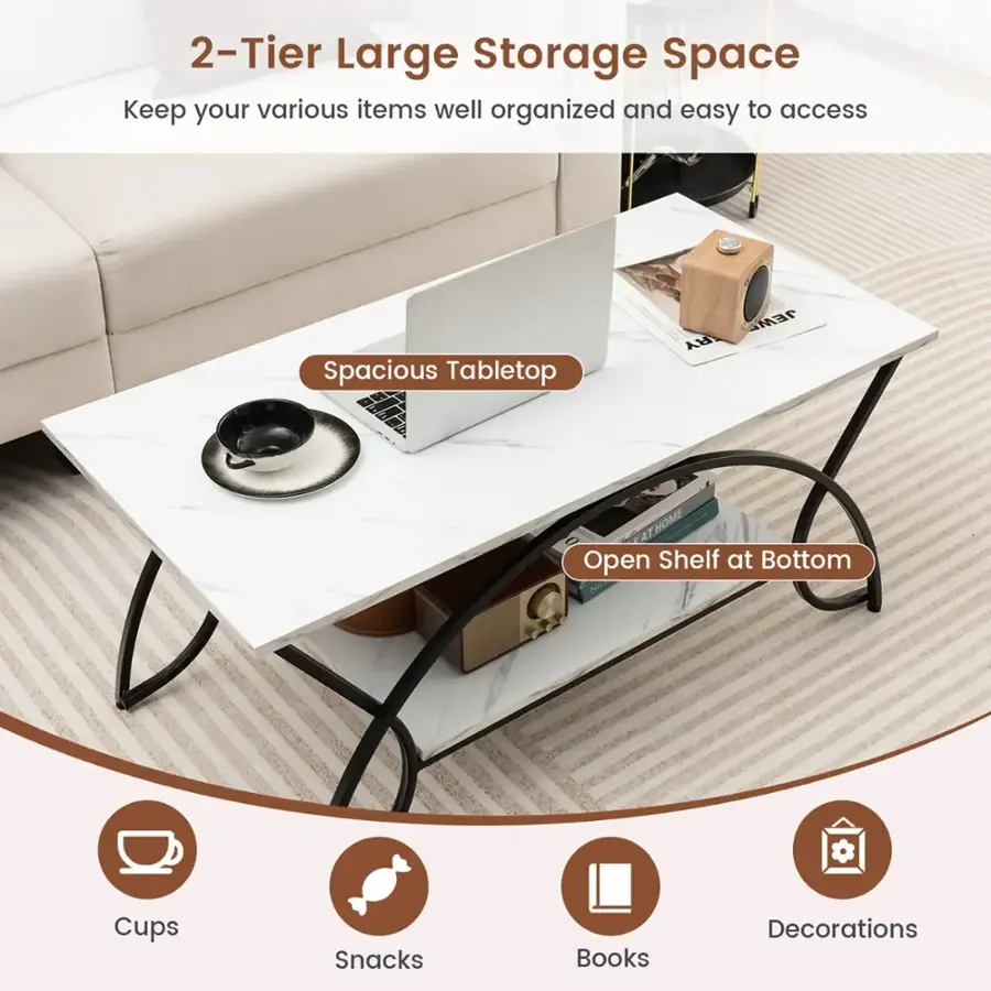 The image features a two-tier large storage space that is designed to keep various items well organized and easy to access. The storage space has a spacious tabletop, which can be used for placing items like cups, snacks, books, and decorations. The bottom of the storage space has an open shelf, providing additional storage space for smaller items. The storage space is ideal for keeping a living area clutter-free and organized.