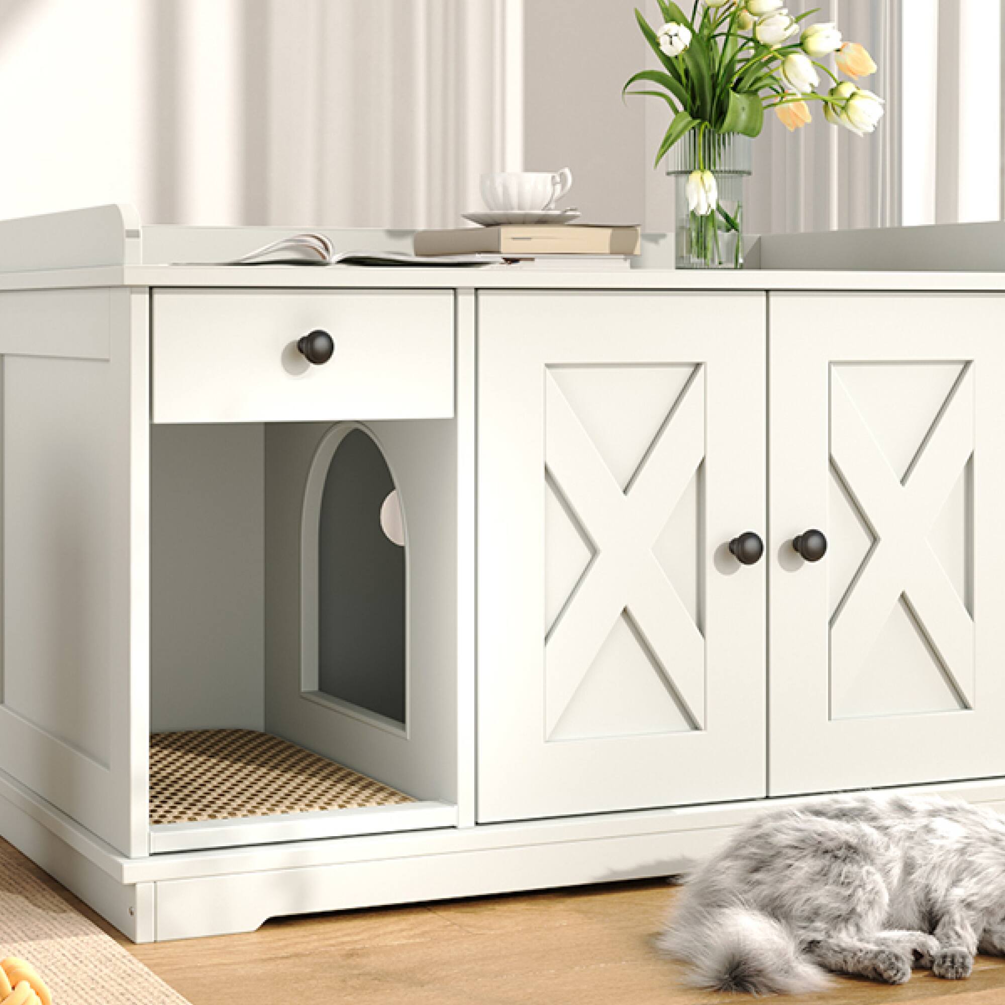 Alt View 5. ELEMENT ACE - Farmhouse Style Cat Litter Box Enclosure Furniture with Storage Drawer and Built-in Mat for Indoor Use - White.