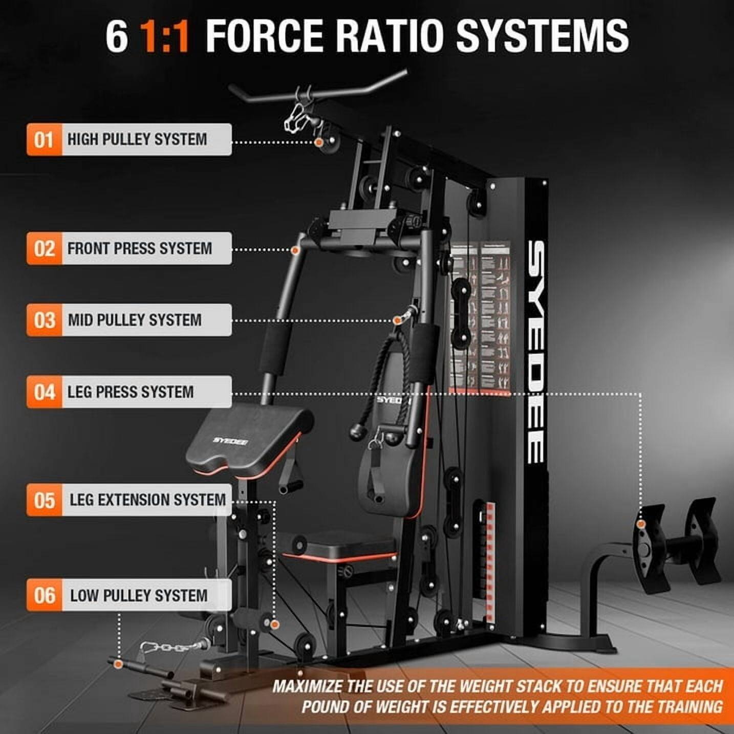 6 1:1 FORCE RATIO SYSTEMS

01 HIGH PULLEY SYSTEM  
02 FRONT PRESS SYSTEM  
03 MID PULLEY SYSTEM  
04 LEG PRESS SYSTEM  
05 LEG EXTENSION SYSTEM  
06 LOW PULLEY SYSTEM  

MAXIMIZE THE USE OF THE WEIGHT STACK TO ENSURE THAT EACH POUND OF WEIGHT IS EFFECTIVELY APPLIED TO THE TRAINING