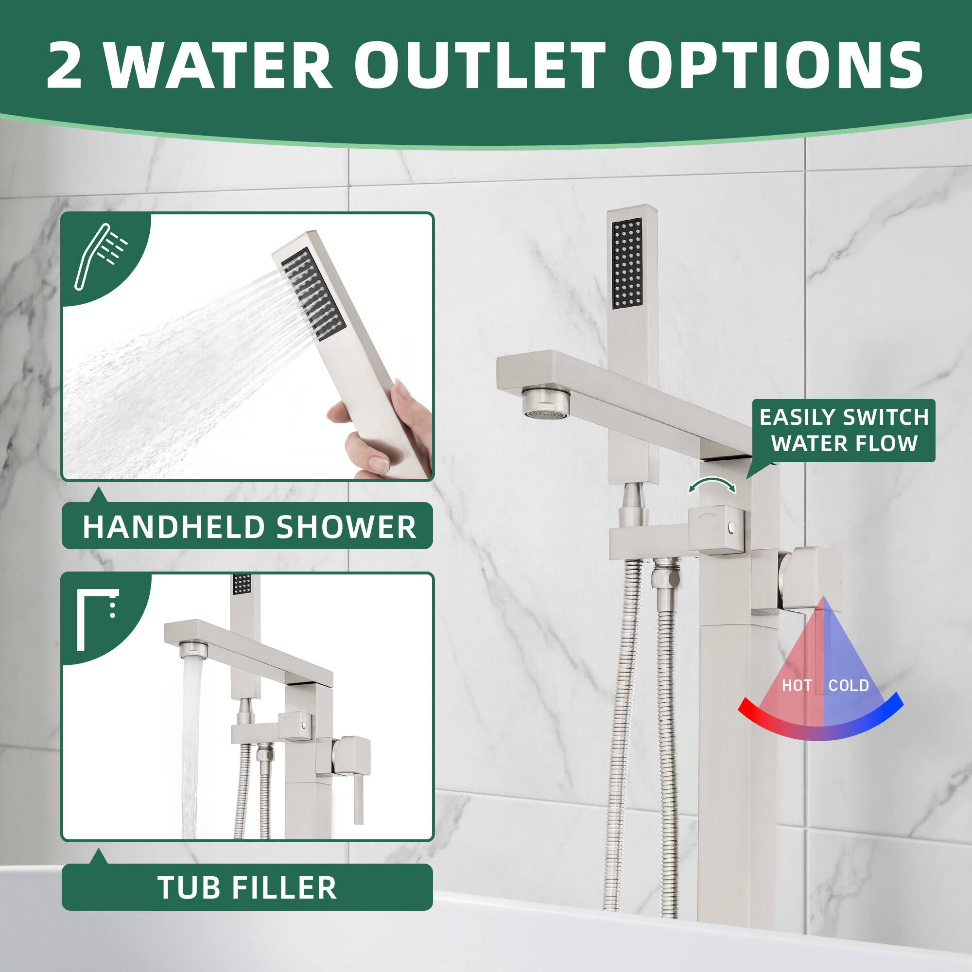 2 WATER OUTLET OPTIONS

EASILY SWITCH WATER FLOW

HANDHELD SHOWER

TUB FILLER

HOT COLD