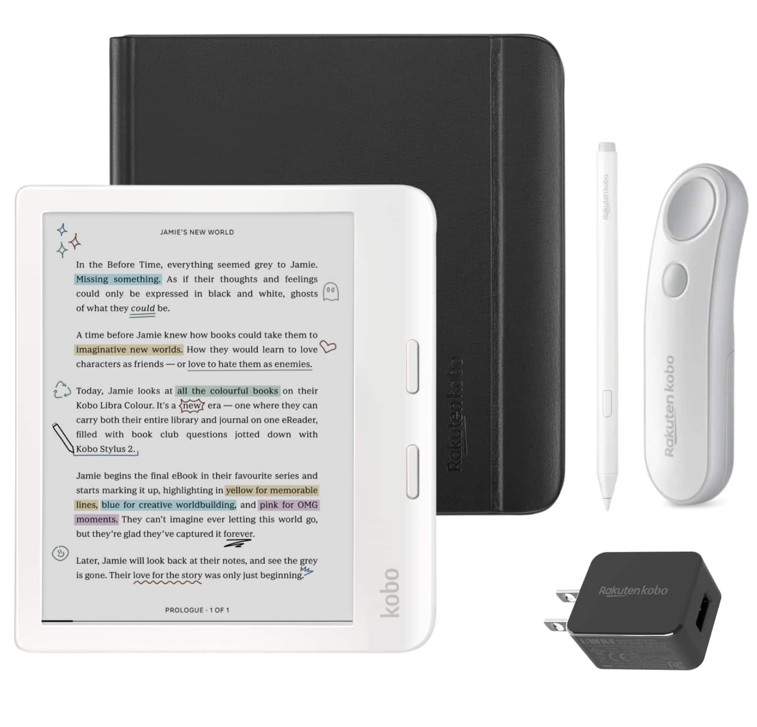 Kobo - Libra Colour (White) eReader with White Remote, White Stylus 2Gen & AC Bundle - 2024 - Black Notebook SleepCover