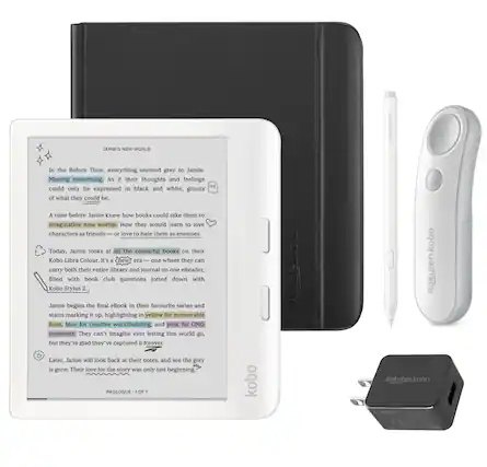 **Jamie's New World**
In the Before Time, everything seemed grey to Jamie. Missing something. As if their thoughts and feelings could only be expressed in black and white, ghosts of what they could be.
A time before Jamie knew how books could take them to imaginative new worlds. How they would learn to love characters as friends—or love to hate them as enemies.
Today, Jamie looks at all the colourful books on their Kobo Libra Colour. It's a new era—one where they can carry both their entire library and journal on one eReader, filled with book club questions jotted down with Kobo Stylus 2.
Jamie begins the final eBook in their favourite series and starts marking it up, highlighting in yellow for memorable lines, blue for creative worldbuilding, and pink for OMG moments. They can't imagine ever letting this world go, but they're glad they've captured it forever.
Later, Jamie will look back at their notes, and see the grey is gone. Their love for the story was only just beginning.
**PROLOGUE - 1 OF 1**