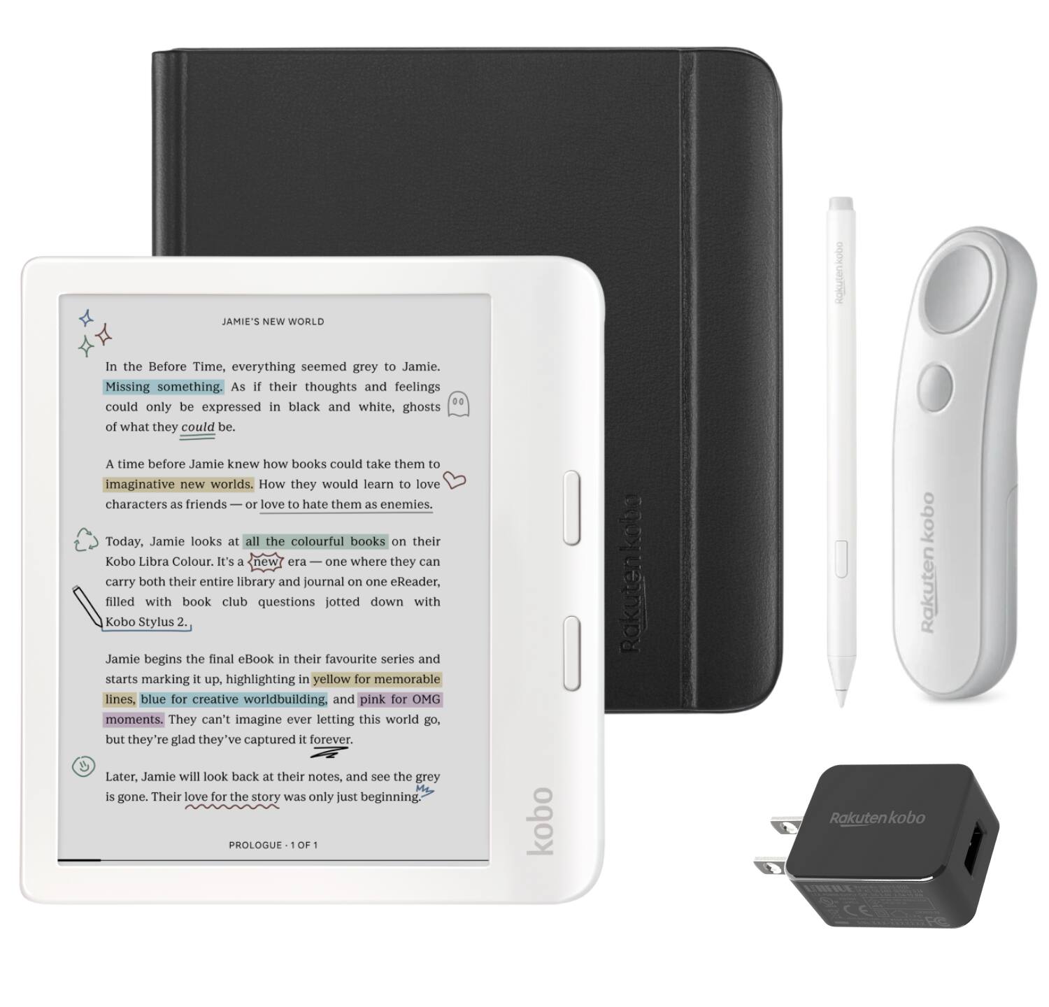 Kobo - Libra Colour (White) eReader with White Remote, White Stylus 2Gen & AC Bundle - 2024 - Black Notebook SleepCover