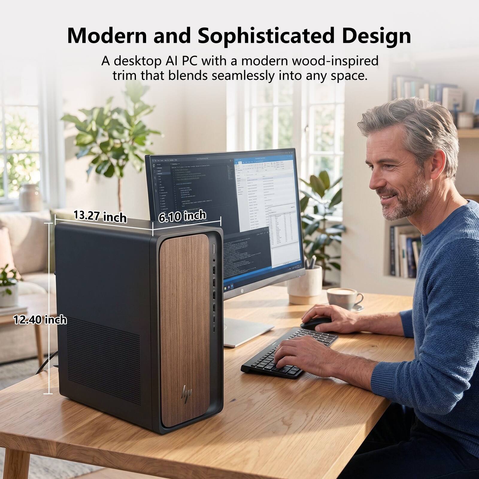 Modern and Sophisticated Design  
A desktop AI PC with a modern wood-inspired trim that blends seamlessly into any space.  
13.27 inch  
6.10 inch  
12.40 inch