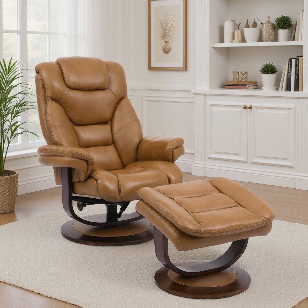 Back. Starlight Canyon Home - Brown Leather Lounge Chair with Ottoman – Modern Swivel Recliner TV Chair - Light Brown.