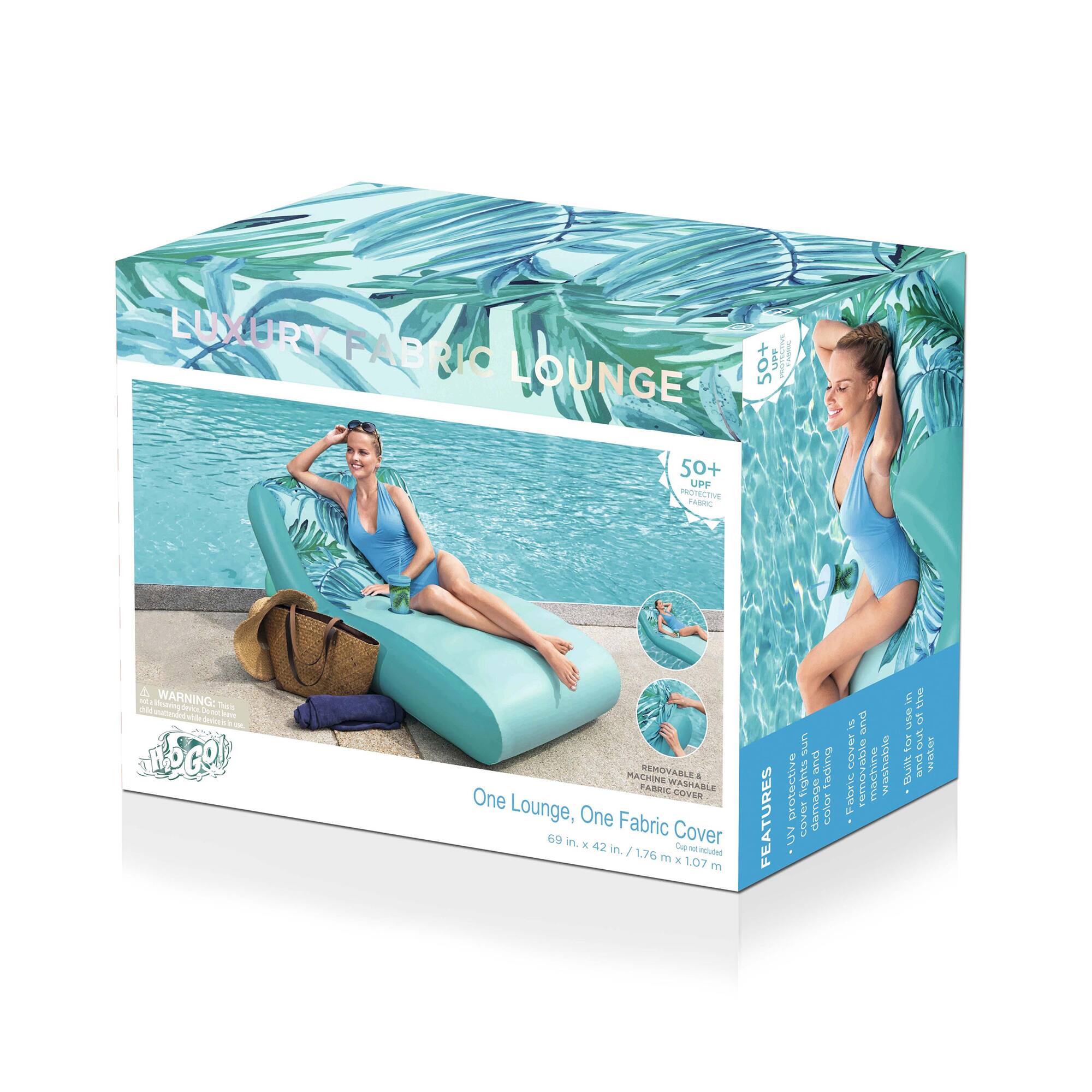 LUXURY FABRIC LOUNGE  
50+ UPF PROTECTIVE  
WARNING:  
One Lounge, One Fabric Cover  
69 in. x 42 in. / 1.76 m x 1.07 m  

FEATURES:  
- Sun and fading resistant  
- Color and fabric is removable and machine washable  
- Built to last