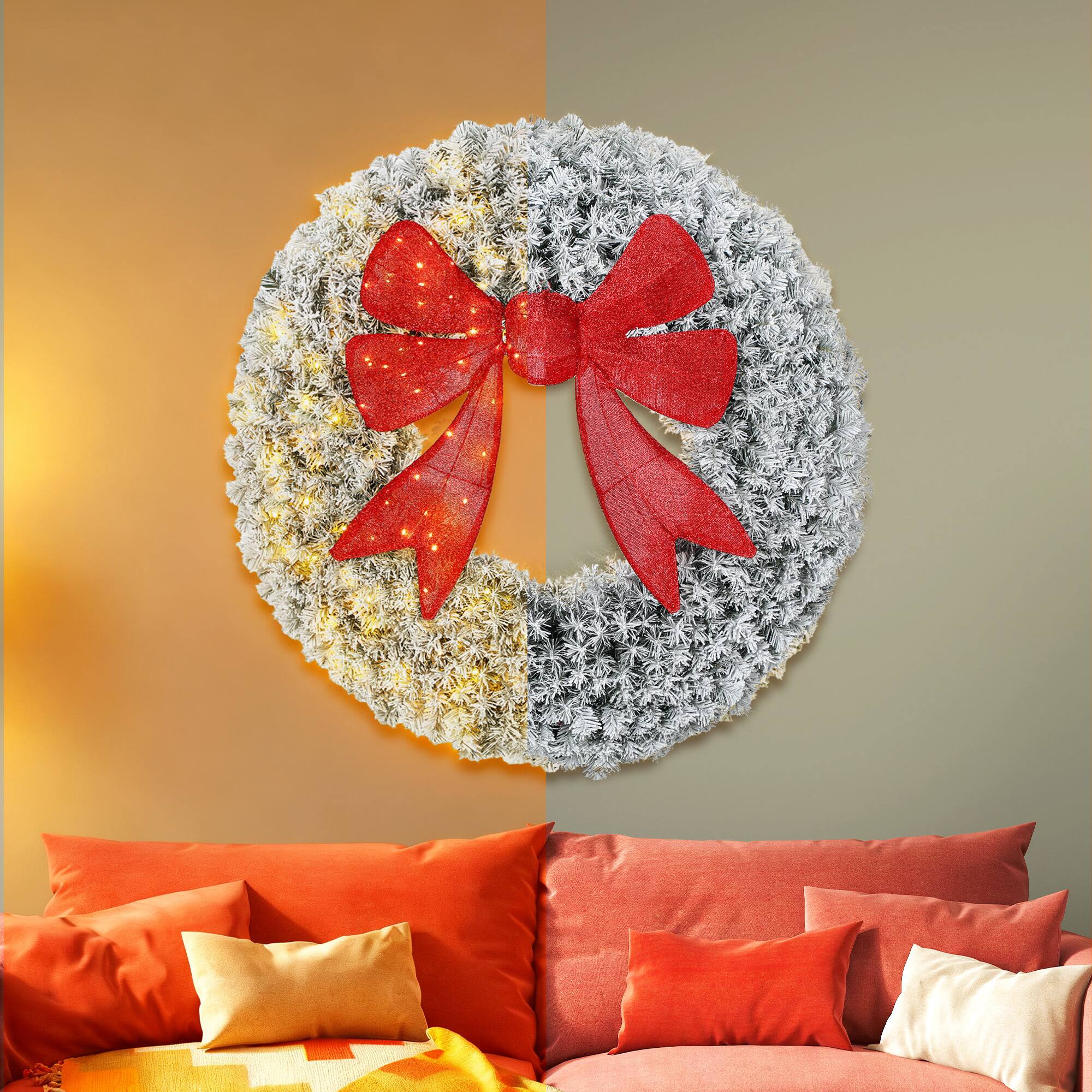 Alt View 8. Homcom - 48in Flocked Pre-Lit Xmas Wreath, 3D Red Bow, 11 Modes & Remote, 200 LEDs, 702 Tips, Indoor Outdoor - Green.