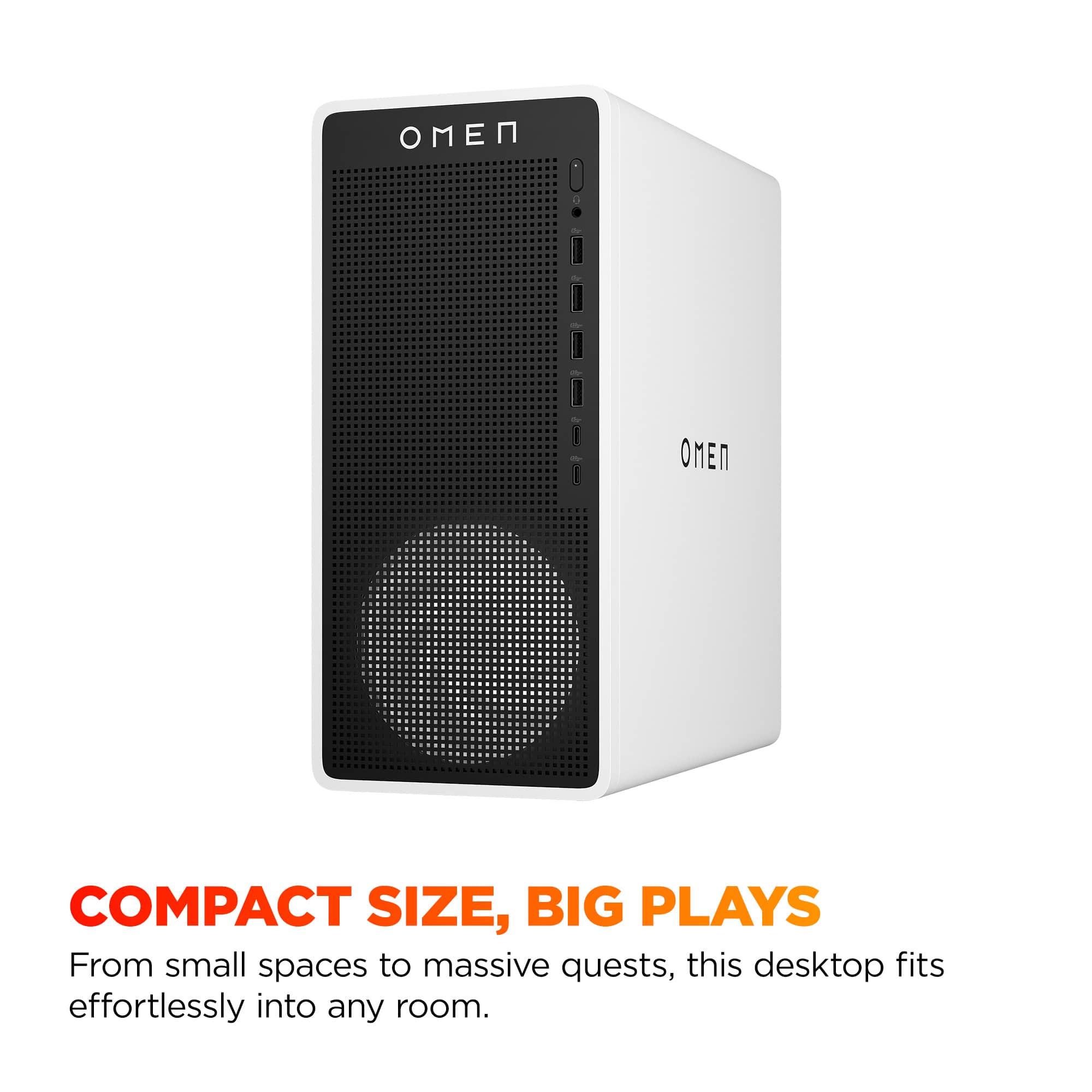 The text on the image reads: "COMPACT SIZE, BIG PLAYS From small spaces to massive quests, this desktop fits effortlessly into any room."