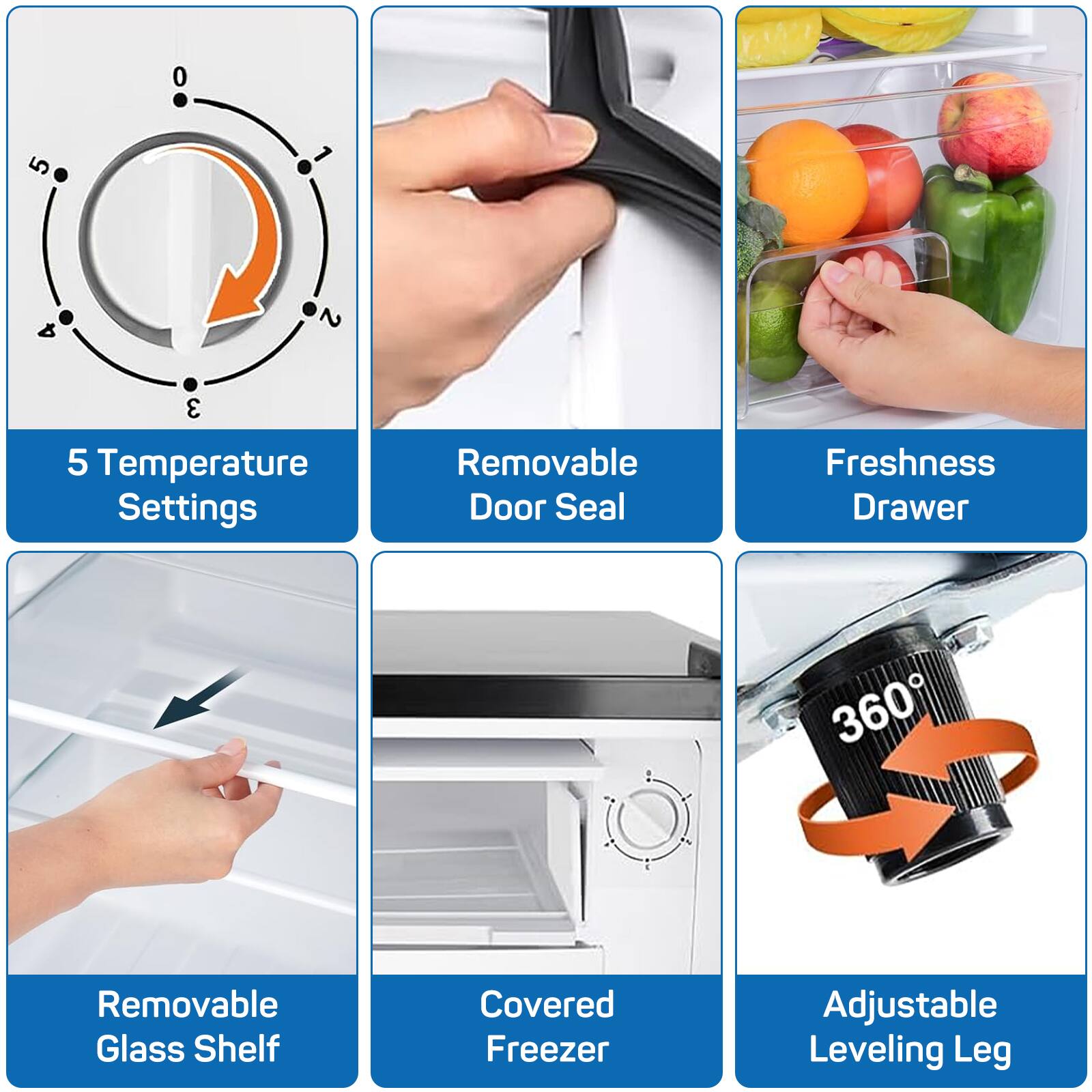 - 5 Temperature Settings
- Removable Door Seal
- Freshness Drawer
- Removable Glass Shelf
- Covered Freezer
- Adjustable Leveling Leg