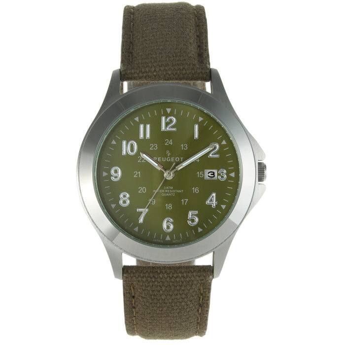 Peugeot - Men 40mm Military Dial Calendar Watch with Canvas Strap - Green