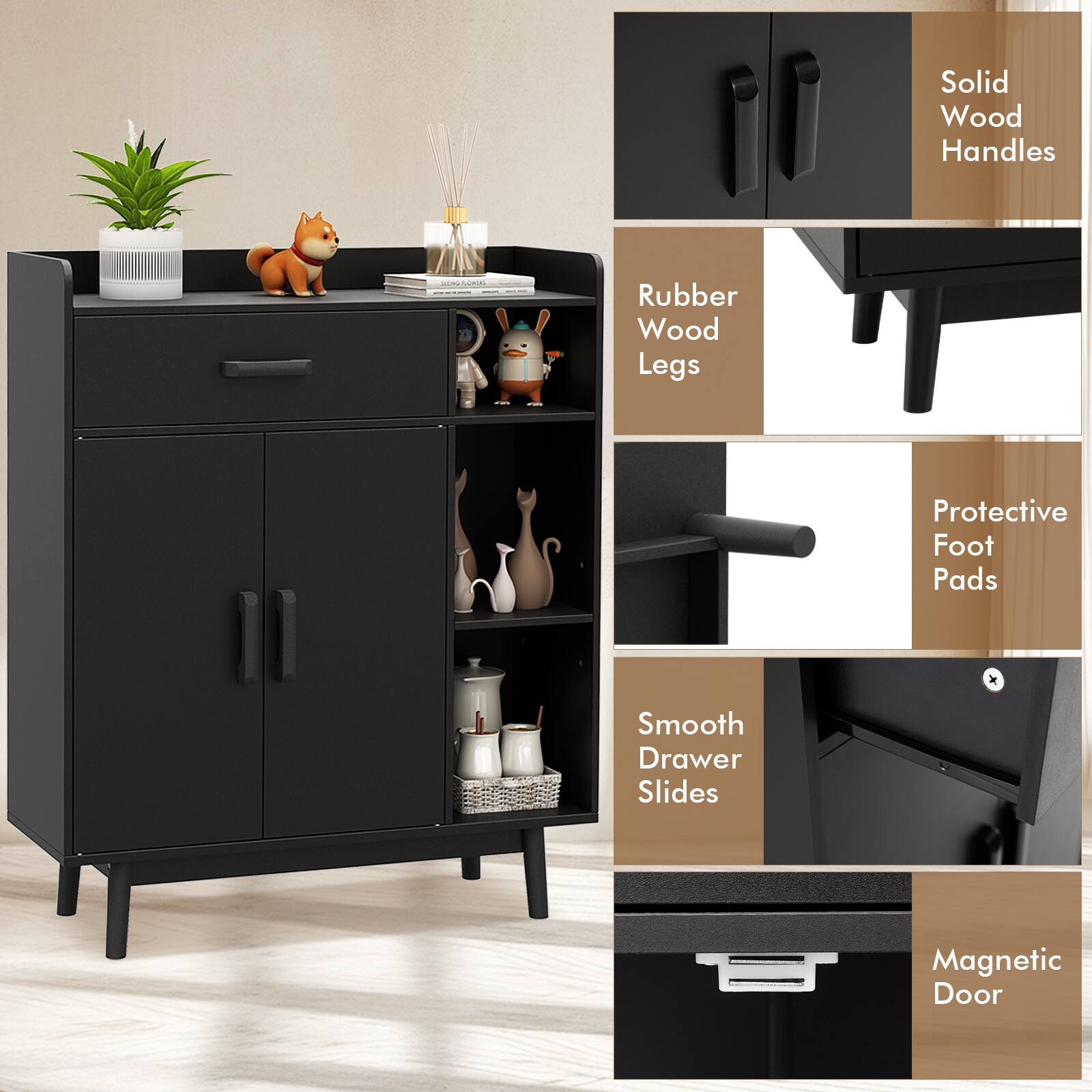 - Solid Wood Handles
- Rubber Wood Legs
- Protective Foot Pads
- Smooth Drawer Slides
- Magnetic Door