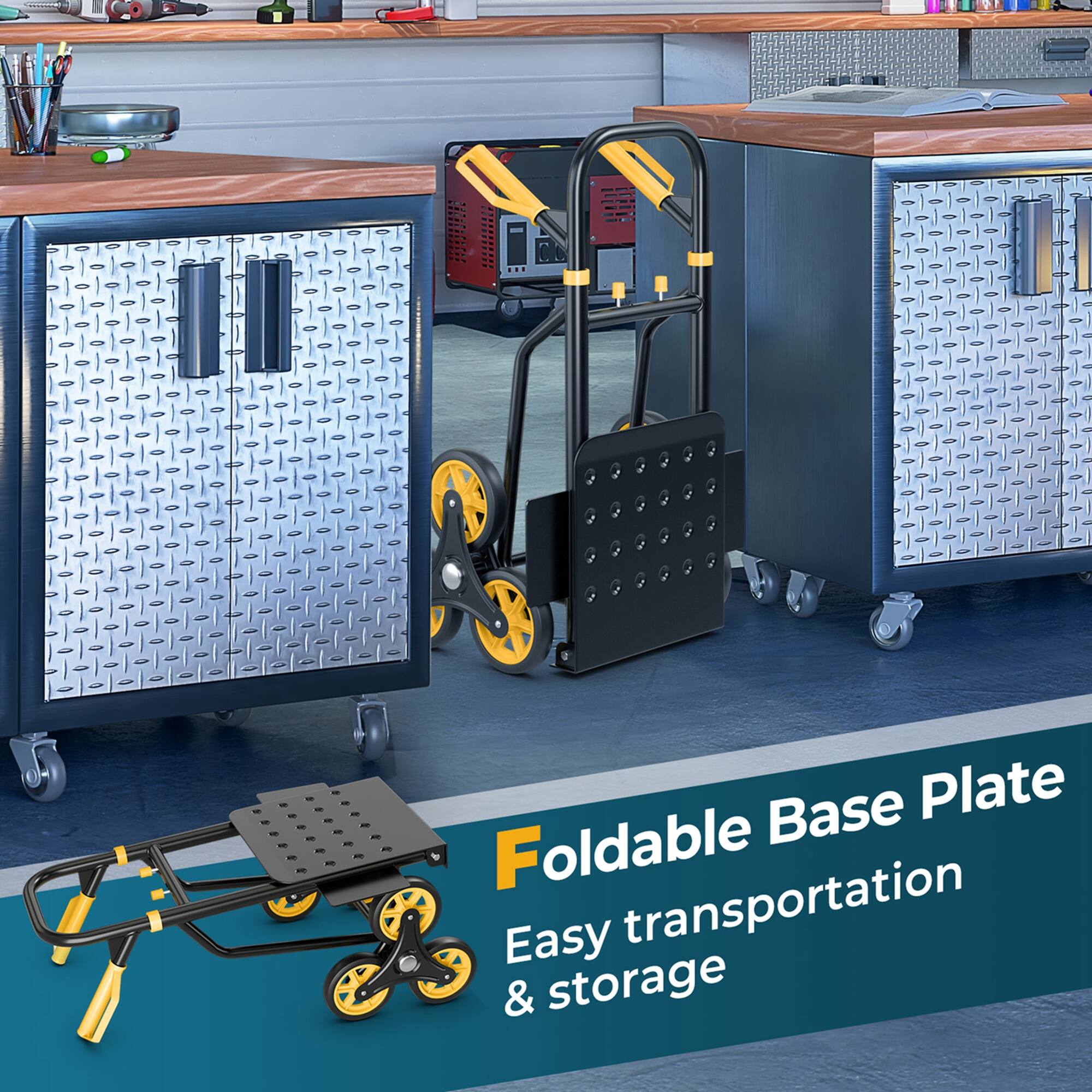 The text on the image reads: "Foldable Base Plate Easy transportation & storage."