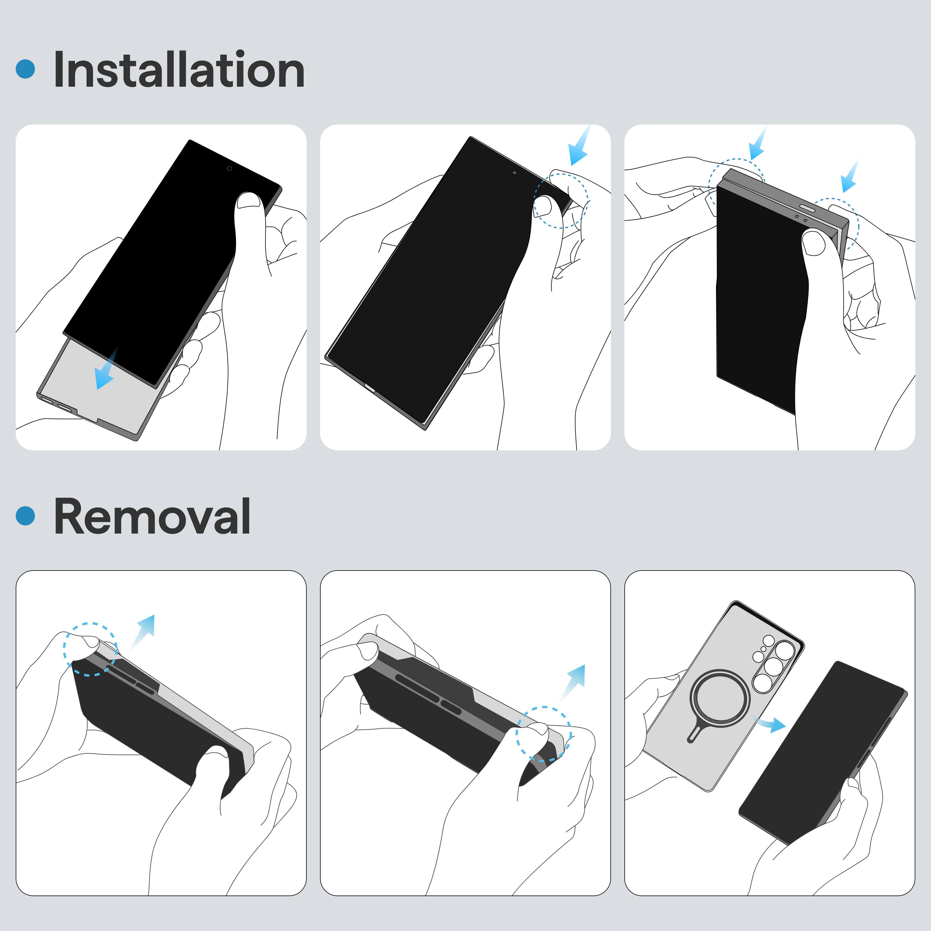 Installation

- Insert the device into the case.
- Align the device with the case.
- Press the device into the case.

Removal

- Grasp the device.
- Slide the device out of the case.
- Remove the device from the case.