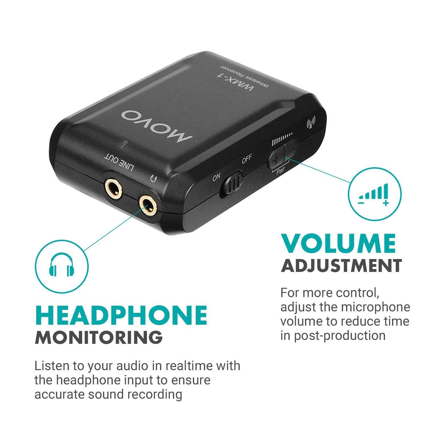 **Receiver WMX- Wireless MOVO G**

- **LINE OUT**
- **LINE IN**

**HEADPHONE MONITORING**
- Listen to your audio in realtime with the headphone input to ensure accurate sound recording

**VOLUME ADJUSTMENT**
- For more control, adjust the microphone volume to reduce time in post-production