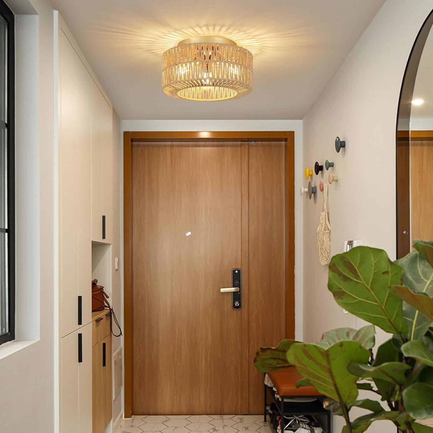 Alt View 2. MERAVOM - Boho Light Fixtures Ceiling Mount, 3-Light Rattan Ceiling Light Fixture, Flush Mount Ceiling Light with Hand-Woven Shade - Gold.