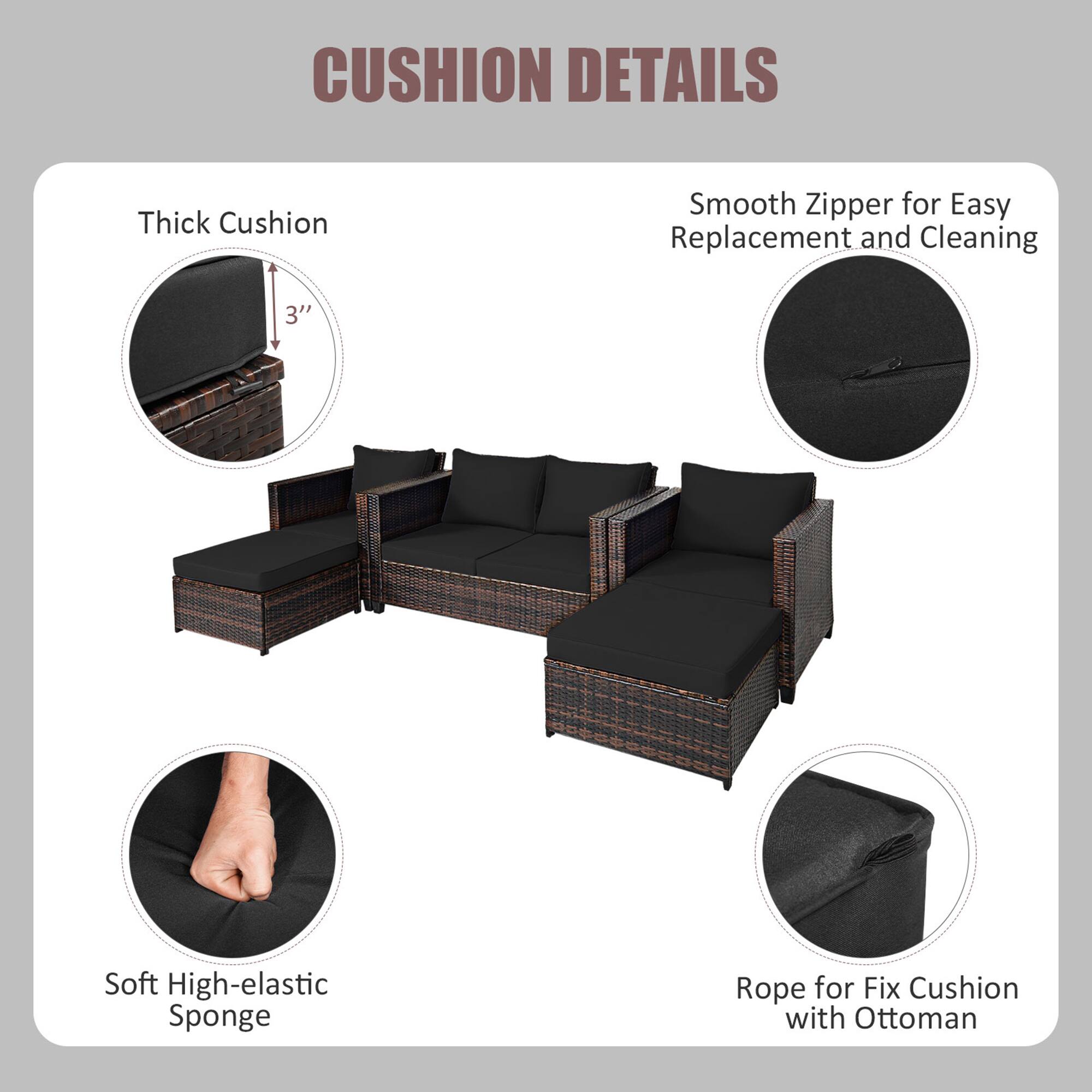 Thick Cushion, Smooth Zipper for Easy Replacement and Cleaning, Soft High-elastic Sponge, Rope for Fix Cushion with Ottoman