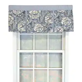 RLF Home - 100% Cotton Peony Ball Pleated Unlined Windows Rod Pocket Valance 50" x 17" - Blue