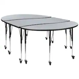 Flash Furniture - Emmy 3 Piece Mobile 86" Oval Wave Flexible Grey Thermal Laminate Activity Table Set-Standard Height Adjustable Legs - Gray