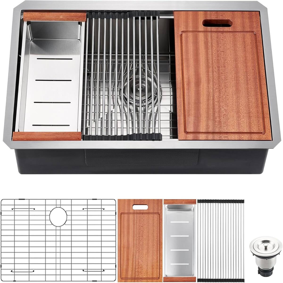 Angle. Ropilly - Ropilly 30 inch undermount workstation sink, 18 gauge stainless steel kitchen sink, single bowl - Brushed Chrome.