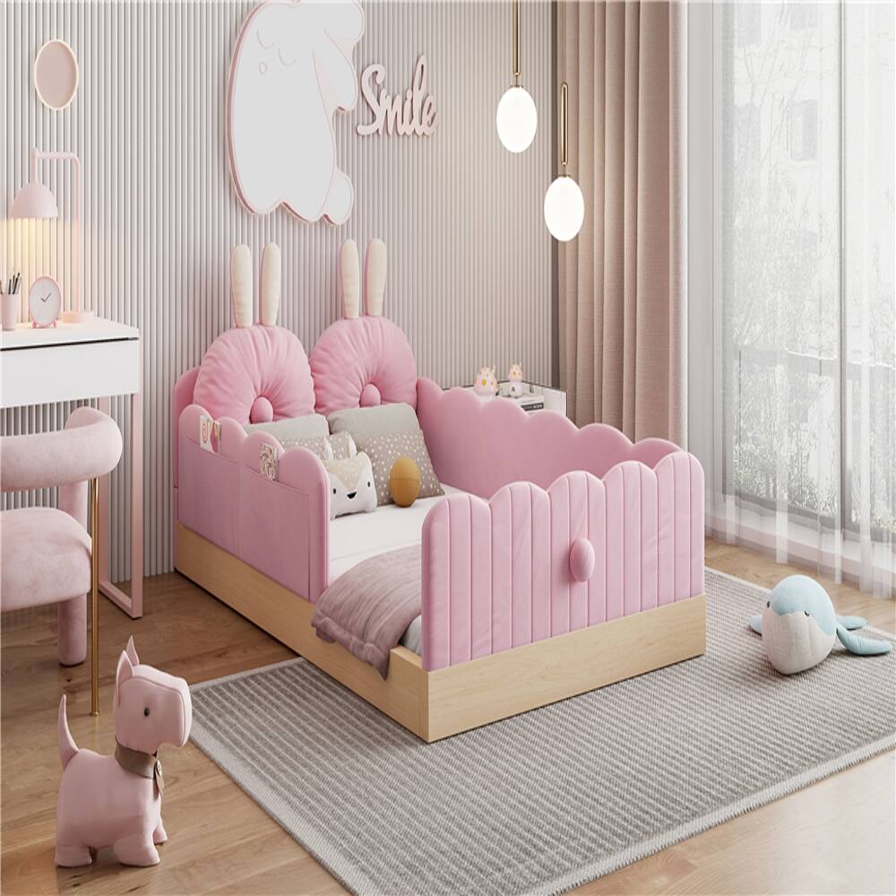 Alt View 1. Loheer - Loheer Twin Upholstered Platform Bed Pink Velvet Kids Bed - Pink.