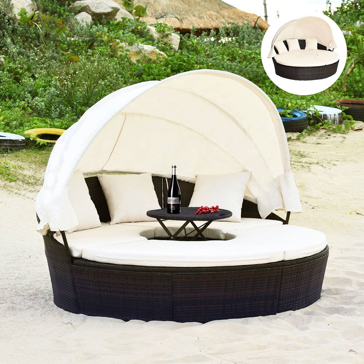 Alt View 3. Gymax - Gymax Cushioned Patio Rattan Round Daybed w/ Adjustable Table 3 Pillows Canopy - Brown.
