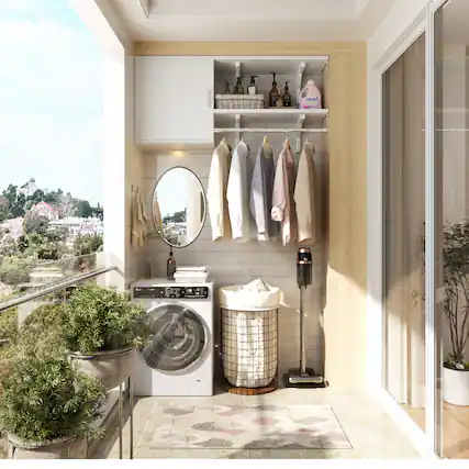 Front. Aheaplus - 46'' Wall Cabinet with Storage Shelves and Hanging Rod, Small Wall Organizer Cabinett for Laundry/Closet - White.