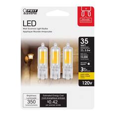 FEIT Electric
LED Wall Sconce Light Bulbs
Applique Murale Ampoules
MATCH BASE
BASE DE MATCH
35 WATT
replacemant usos 3.5W
lasts up to 10,000 hours/heures
dimmable régulable
3 BULBS
AMPOULES
warm white
blanc chaud
3000K
120v
Brightness
Luminosité
350 lumens/lumens
Estimated Energy Cost
Cout énergétique anticipé
$0.42 per year/par année