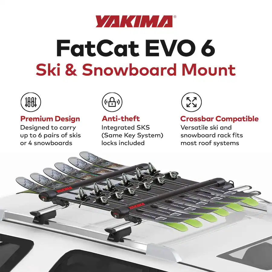 Overhang Rack Yakima FatCat EVO 6 Skis or 4 Snowboards Mount Roof Rack, Fits T Slot ...