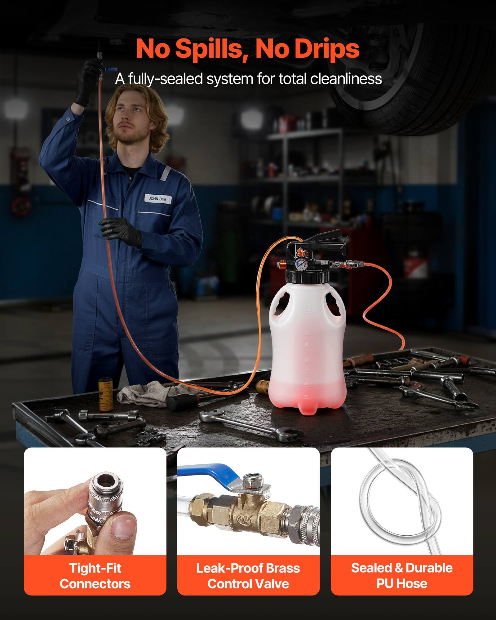 No Spills, No Drips  
A fully-sealed system for total cleanliness  

Tight-Fit Connectors  
Leak-Proof Brass Control Valve  
Sealed & Durable PU Hose