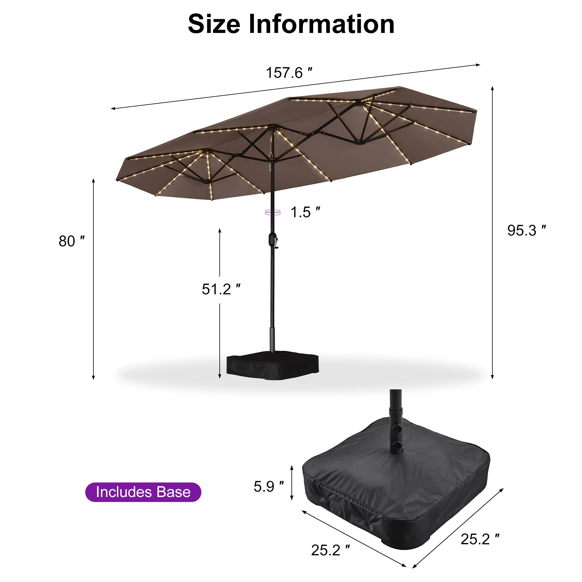 Size Information  
- 157.6"  
- 80"  
- 95.3"  
- 51.2"  
- 1.5"  
- Includes Base  
- 5.9"  
- 25.2"  
- 25.2"