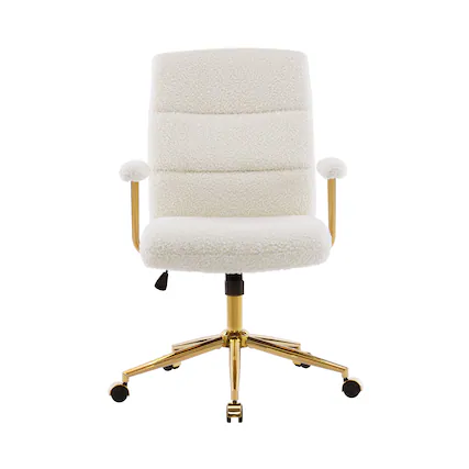 Front. Forest'nSky - Modern Office Chair - Textured Boucle Fabric, Adjustable Height with Padded Arms,White & Gold - White.