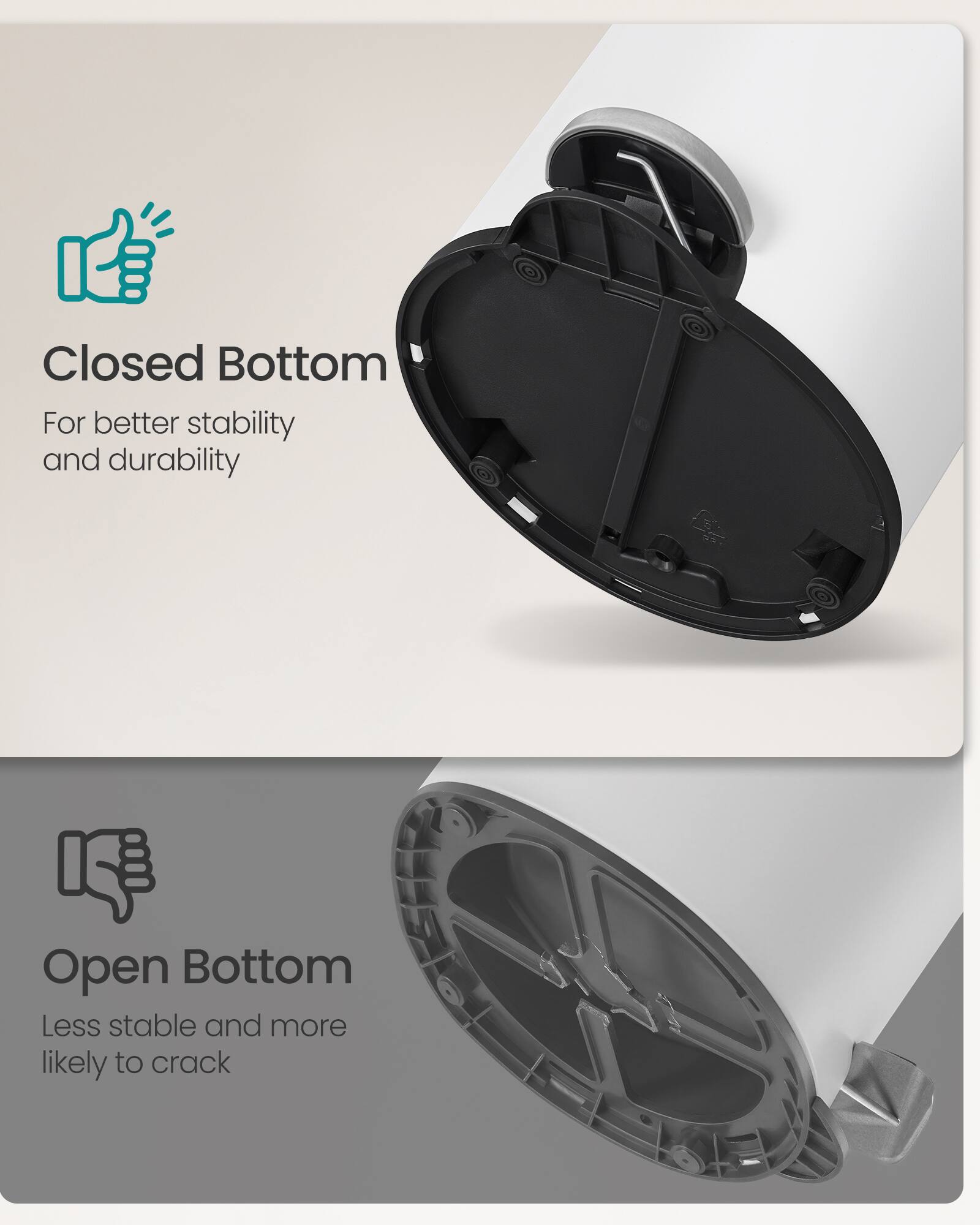 Closed Bottom  
For better stability and durability  

Open Bottom  
Less stable and more likely to crack