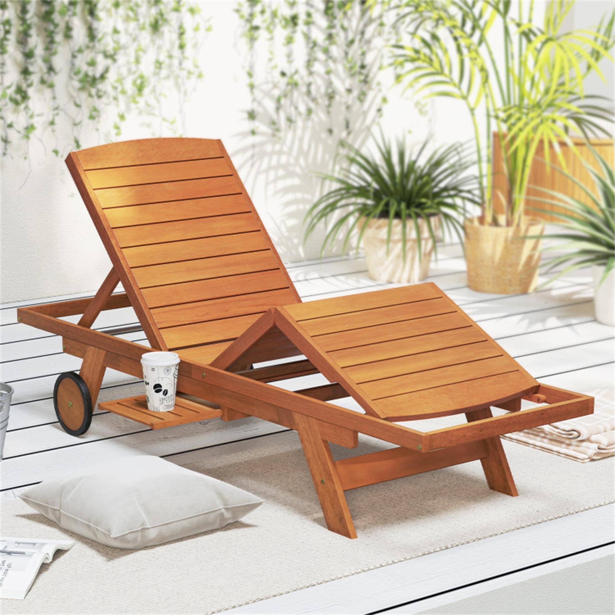 Alt View 2. Boyel Living - Brown Outdoor Chaise Lounge Chair with Wheels 4Position Patio Wood Recliner with Adjustable Backrest - Brown.