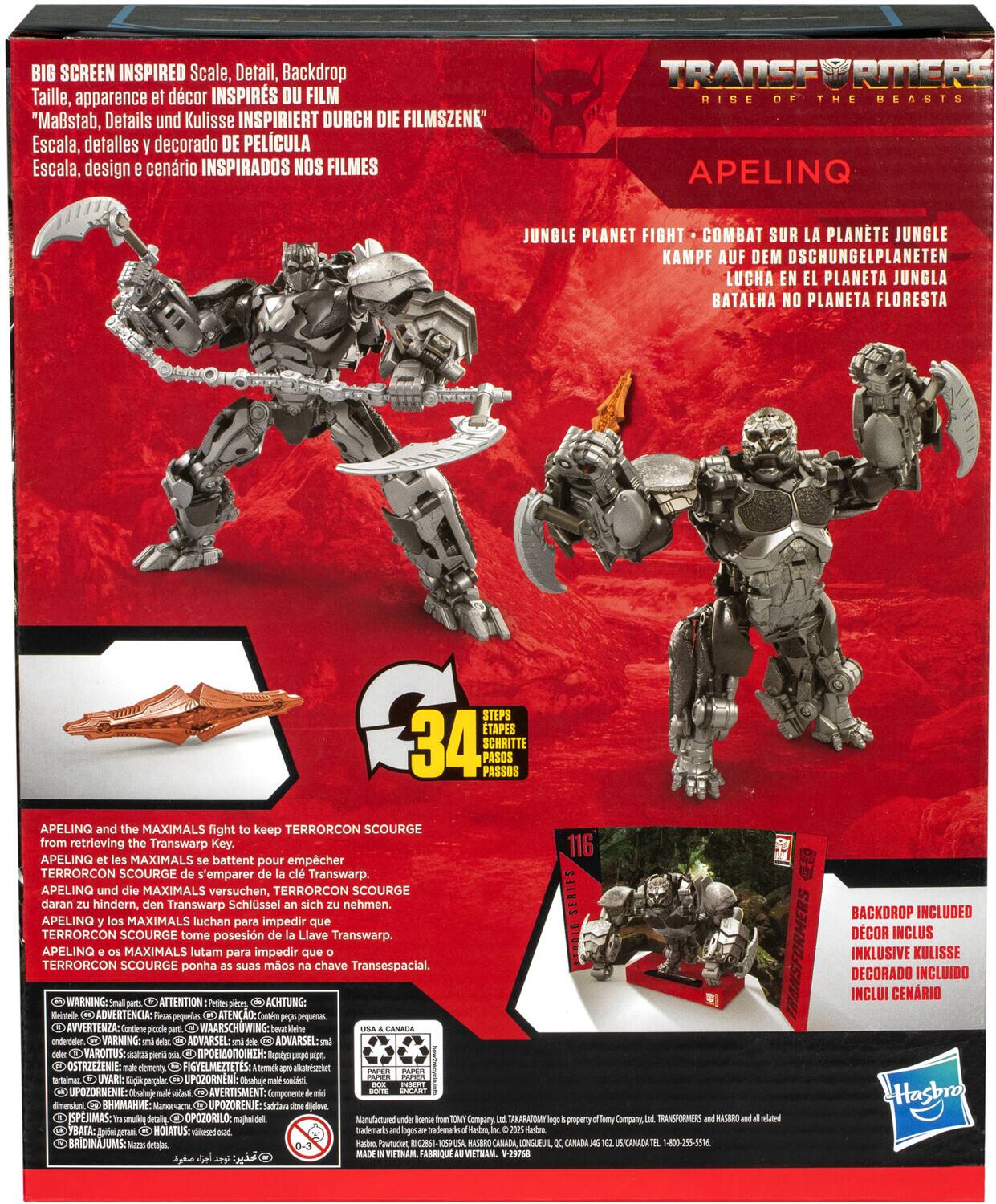 Here is the corrected and grouped text from the image:

---

**Big Screen Inspired**
Scale, Detail, Backdrop
Taille, apparence décor INSPIRÉE DU FILM
Escala, detalles decorado DE PELICULA
Escala, diseño cenótro INSPIRADOS NOS FILMES

**Jungle Planet Fight**
Combat sur la planète jungle
Kampf auf dem Dschungelplaneten
Lucha en el planeta jungla
Batalha no planeta floresta

**Steps**
34
Pasos
Passos
Schritte

**ApeLinq and Maximals fight to keep Terrorcon Scourge from retrieving Transwarp Key.**
ApeLinq et les Maximals se battent pour empêcher Terrorcon Scourge de s'emparer du Transwarp.
ApeLinq und die Maximals versuchen, Terrorcon Scourge daran zu hindern, den Transwarp Schlüssel sich zu nehmen.
ApeLinq y los Maximals luchan para impedir que Terrorcon Scourge tome posesión de la Llave Transwarp.
ApeLinq e Maximals lutam para impedir que Terrorcon Scourge ponha suas mãos na chave Transespacial.

**Warning:**
Attention
Achtung
Advertencia
Pequeñas piezas

---

**ApeLinq**
Jungle Planet Fight
Combat sur la planète jungle
Kampf auf dem Dschungelplaneten
Lucha en el planeta jungla
Batalha no planeta floresta

**ApeLinq and the Maximals fight to keep Terrorcon Scourge from retrieving the Transwarp Key.**
ApeLinq et les Maximals se battent pour empêcher Terrorcon Scourge de s'emparer du Transwarp.
ApeLinq und die Maximals versuchen, Terrorcon Scourge daran zu hindern, den Transwarp Schlüssel sich zu nehmen.
ApeLinq y los Maximals luchan para impedir que Terrorcon Scourge tome posesión de la Llave Transwarp.
ApeLinq e Maximals lutam para impedir que Terrorcon Scourge ponha suas mãos na chave Transespacial.

**34 Steps**
34 Pasos
34 Passos
34 Schritte

