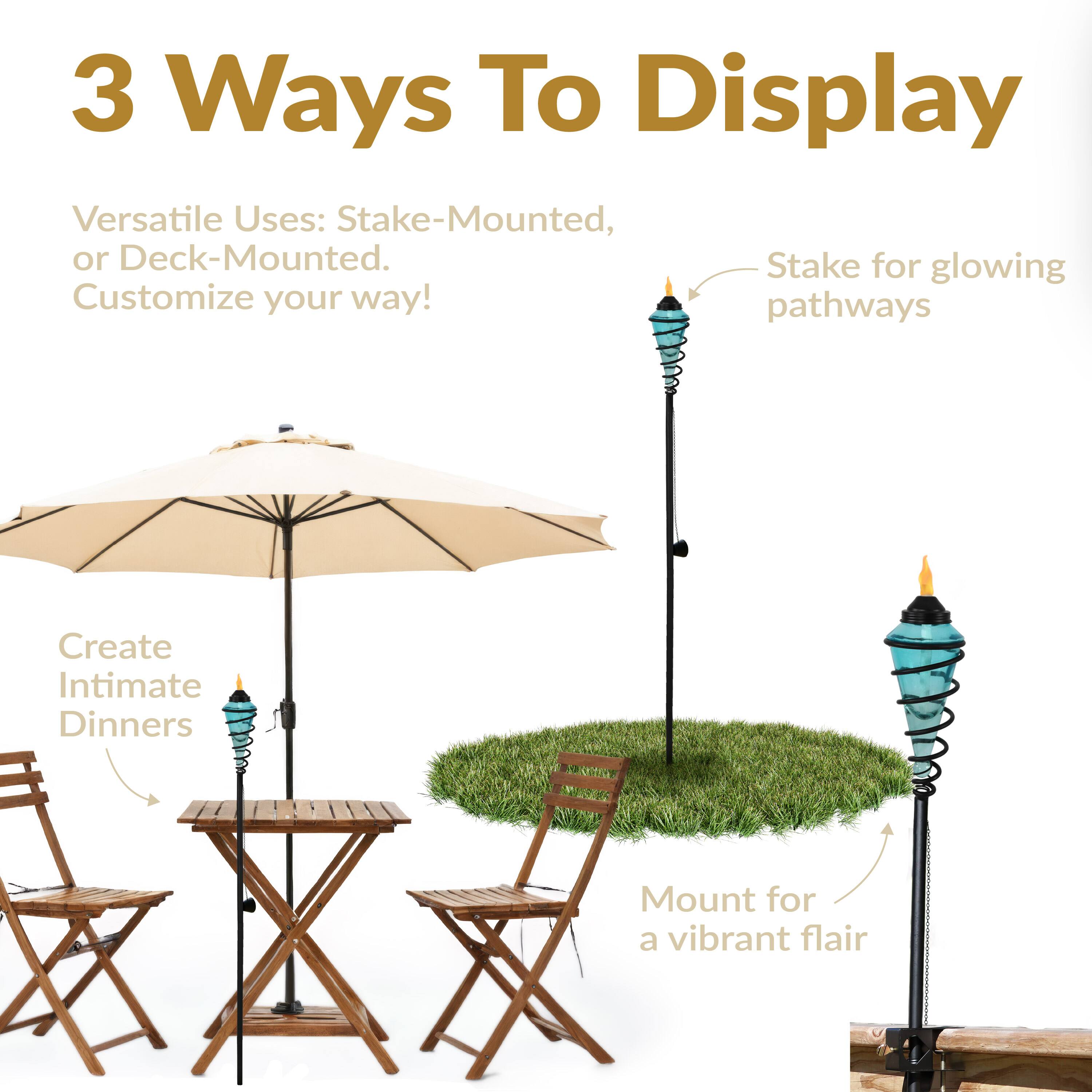 3 Ways To Display

Versatile Uses: Stake-Mounted, or Deck-Mounted. Customize your way!

- Stake for glowing pathways
- Create Intimate Dinners
- Mount for a vibrant flair