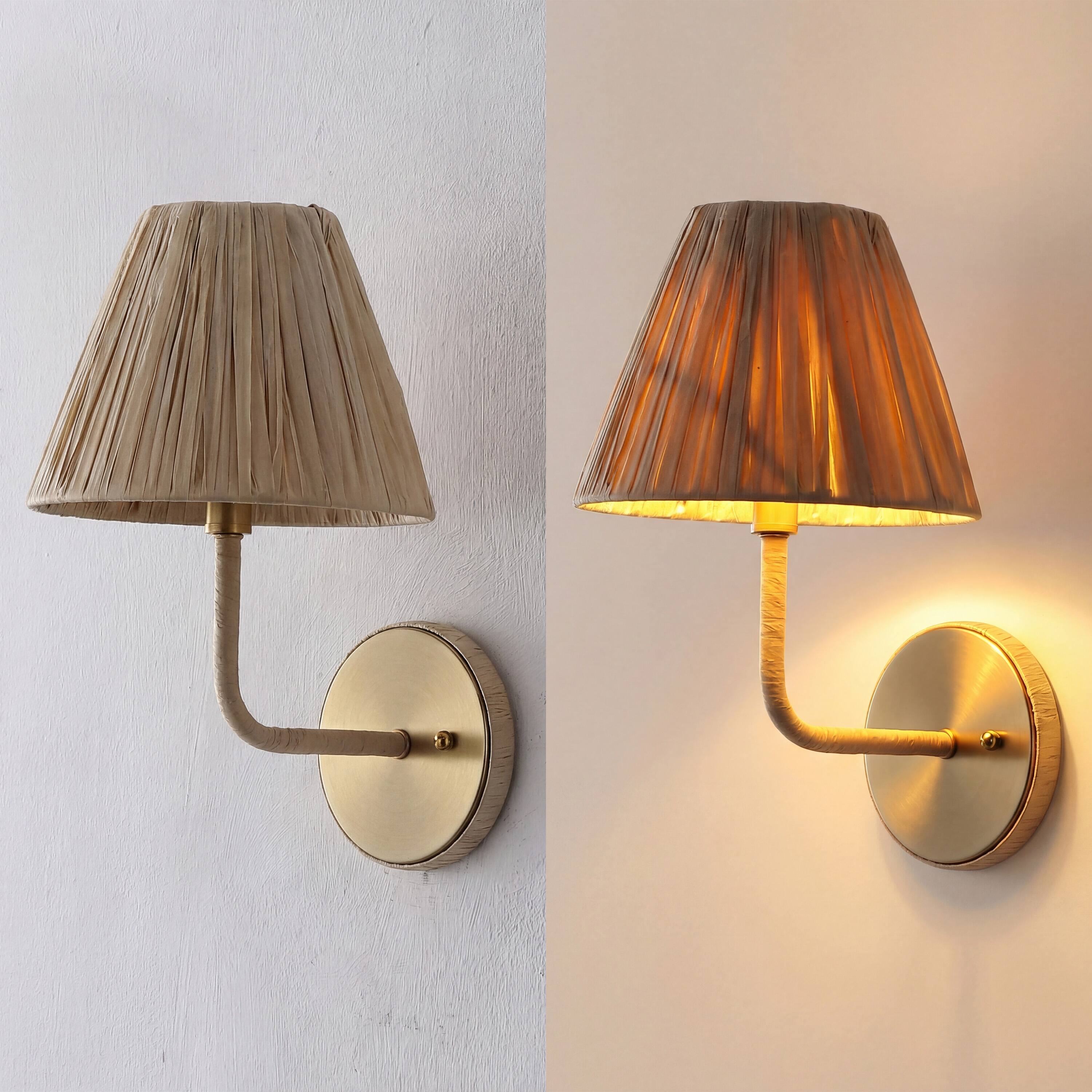 Alt View 3. Jonathan Y - Malaya 8" 1-Light Bohemian Coastal Metal Pleated Paper Shade LED Vanity Light, Beige/Brass Gold - Brass Gold/Beige.