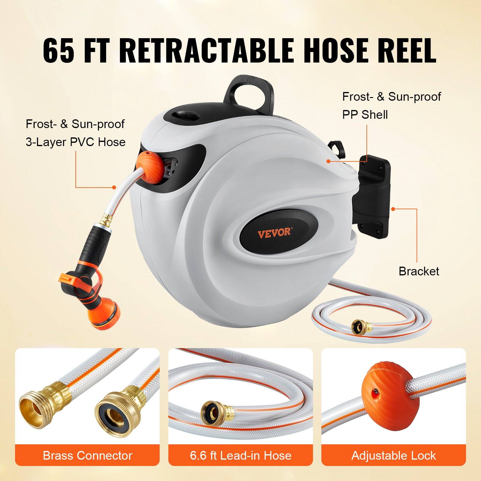 65 FT RETRACTABLE HOSE REEL

- Frost- & Sun-proof 3-Layer PVC Hose
- Frost- & Sun-proof PP Shell
- Bracket
- Brass Connector
- 6.6 ft Lead-in Hose
- Adjustable Lock