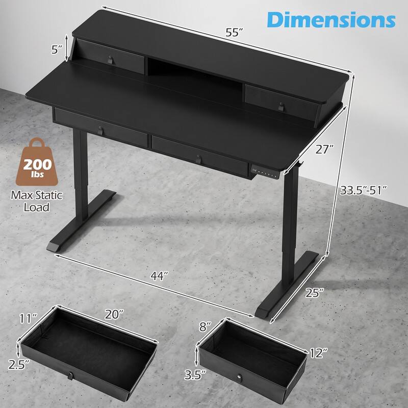 5" Dimensions 55" 200 lbs Max Static Load 27" 33.5"-51" 44" 25" 11" 20" 8" 2.5" 3.5" 12"
