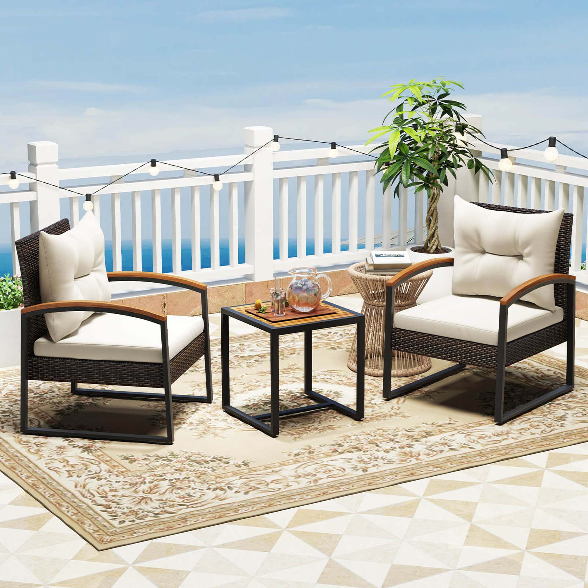 Alt View 4. Costway - 3 PCS Patio Conversation Set with Coffee Table Solid Acacia Wood Armrests Tabletop - Mix Brown,Off White.