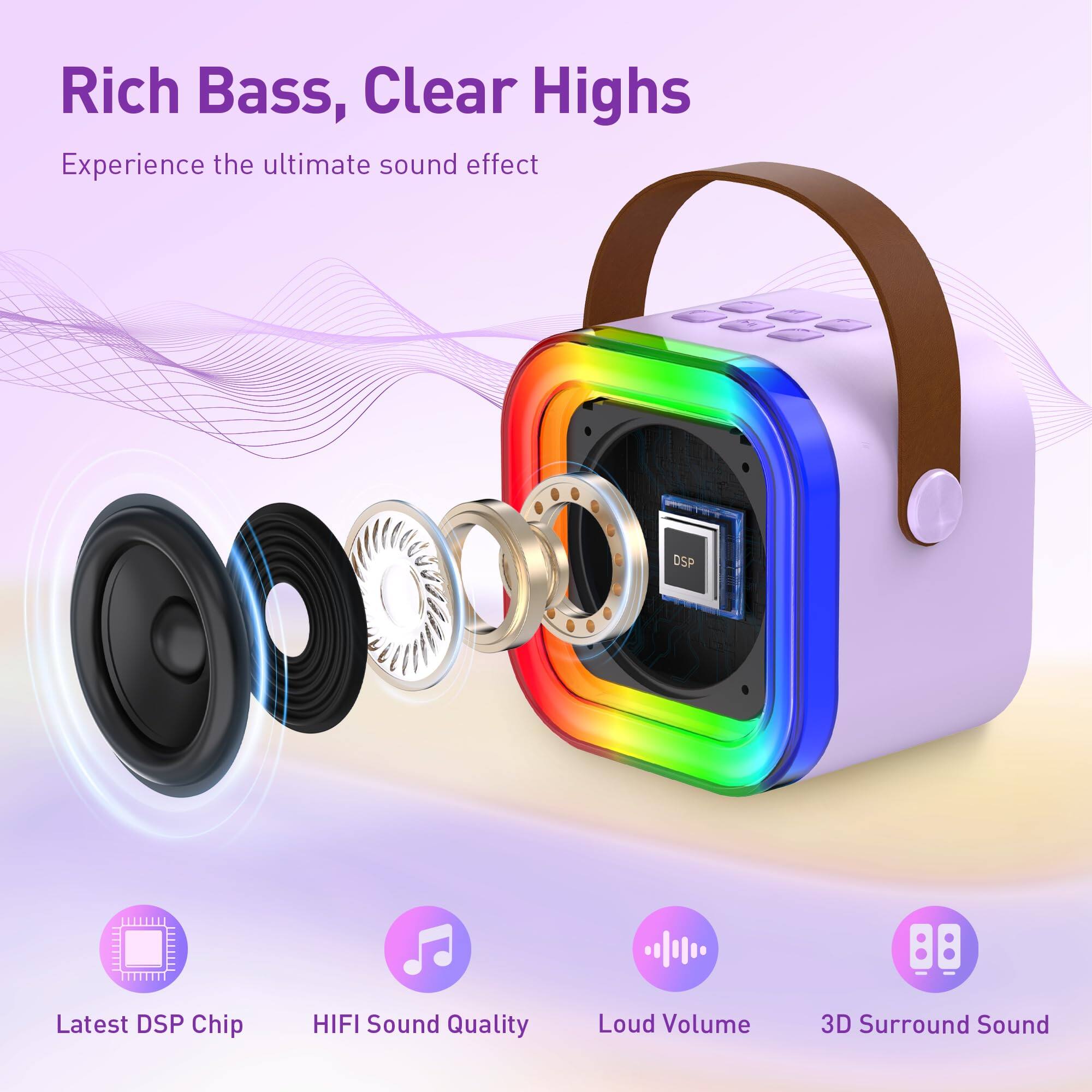 Rich Bass, Clear Highs  
Experience the ultimate sound effect  

- Latest DSP Chip  
- HIFI Sound Quality  
- Loud Volume  
- 3D Surround Sound