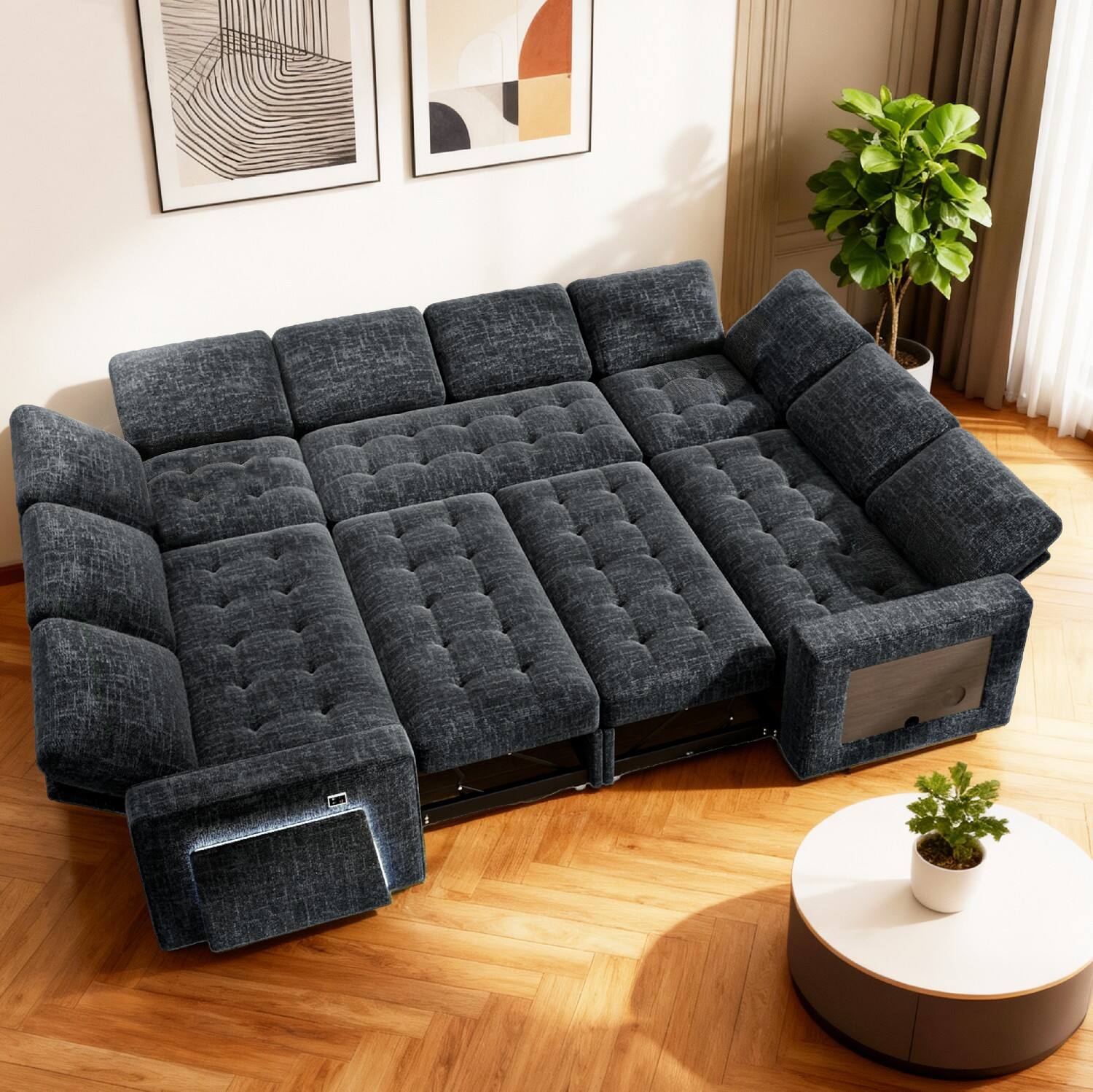 Angle. Dyonery - Dyonery 8 Seat Modular Sectional Sleeper Sofa,Pull-Out Bed, Reclining Backrest, USB Ports, Side Table, Black - Black.