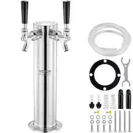 VEVOR - Dual Taps Draft Beer Tower Dispenser, Stainless Steel Keg Beer Tower, Kegerator Tower Kit with Pre-Assembled Tubing - Silver