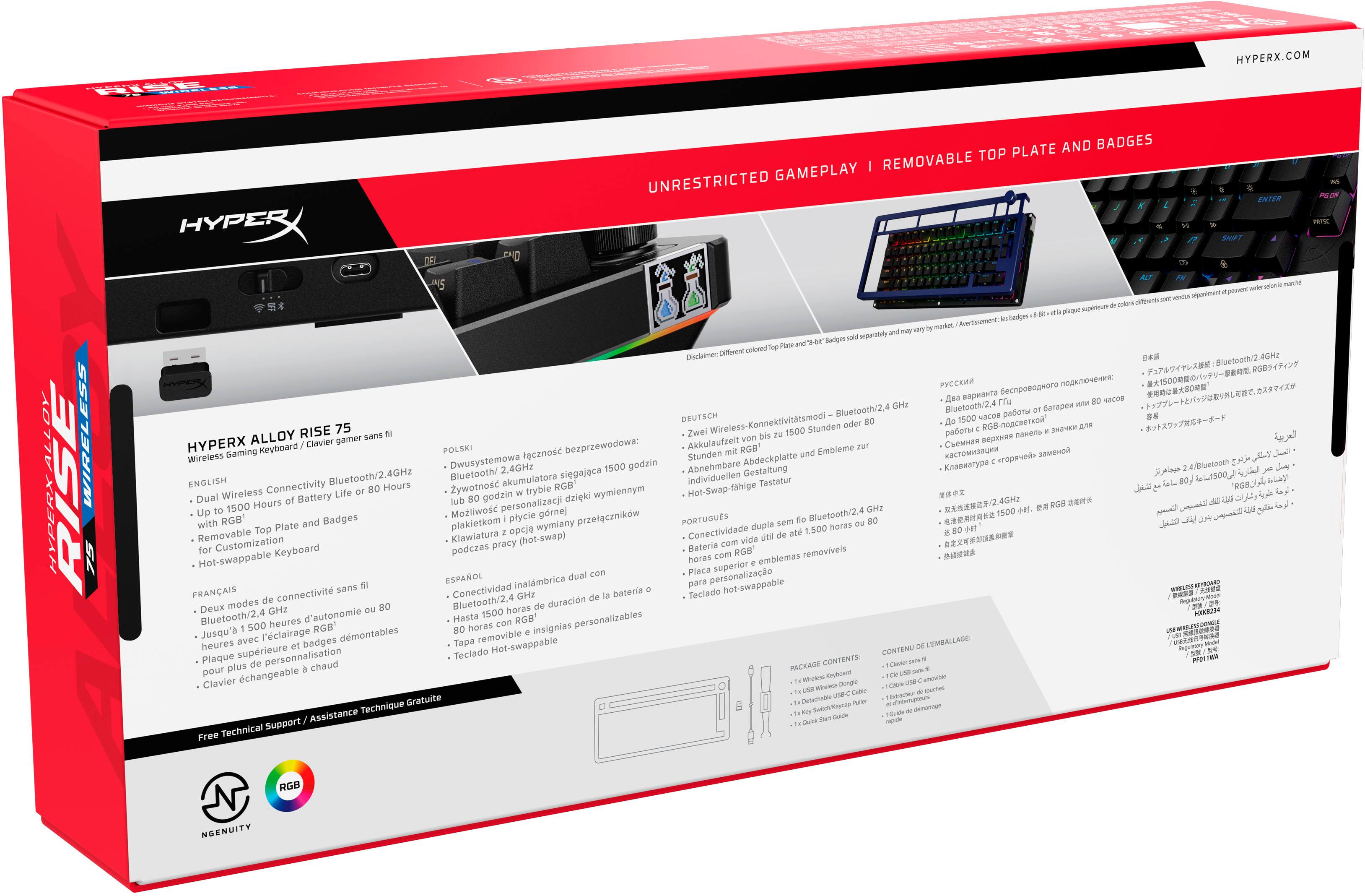 The image shows a red box containing a HyperX keyboard and mouse. The box features a picture of the keyboard and mouse on the front, along with a list of features. The keyboard is advertised as having a removable top, unrestricted gameplay, and customizable RGB lighting. The mouse is also wireless and has a 1500-hour battery life. The box also includes a HyperX keyboard and mouse, as well as a HyperX alloy badge. The box is designed to be visually appealing and informative, showcasing the product's features and benefits to potential customers.